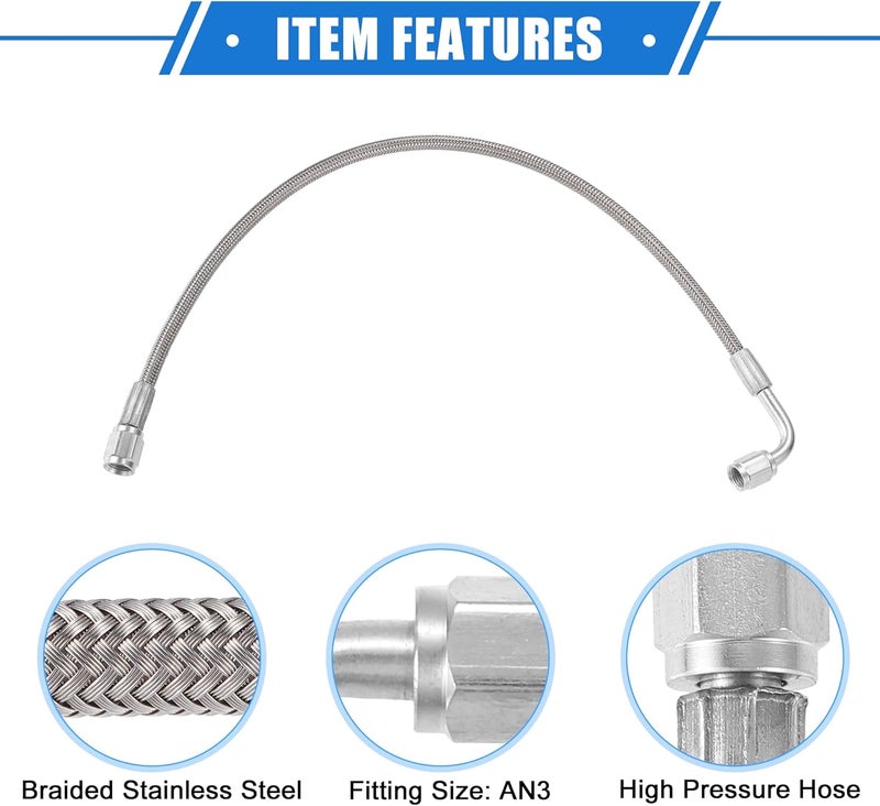 VekAuto AN3 Braided Steel Turbo Oil Feed Line 90 Degree to Straight Hose End, 16" Remote Turbocharger Oil Drain Return Line Universal for Car Durable Stainless Steel PTFE Silver Tone - Image 4